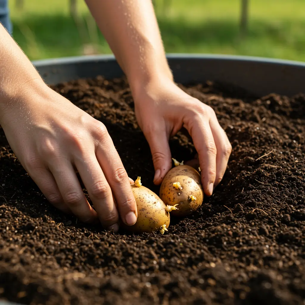 An image illustrating Photorealistic image showing hands gently placing a chitted Yukon Gold seed potato into dark, healthy soil in a raised garden bed or large container. The scene is set outdoors with natural sunlight. Focus on the hands, seed potato with short sprouts, and loose soil texture. The overall mood is bright, encouraging, and practical. 16:9 aspect ratio.