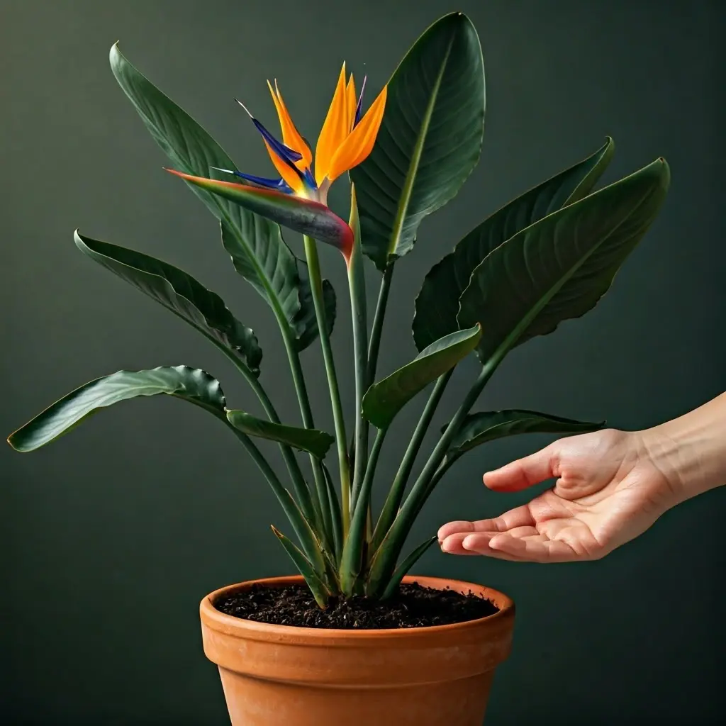 An image illustrating Photorealistic image of a vibrant Bird of Paradise plant in a terracotta pot, with a close-up showing slightly drooping leaves indicating it needs watering. A hand gently touches the soil to check its moisture level. Soft, natural lighting. 16:9 aspect ratio.