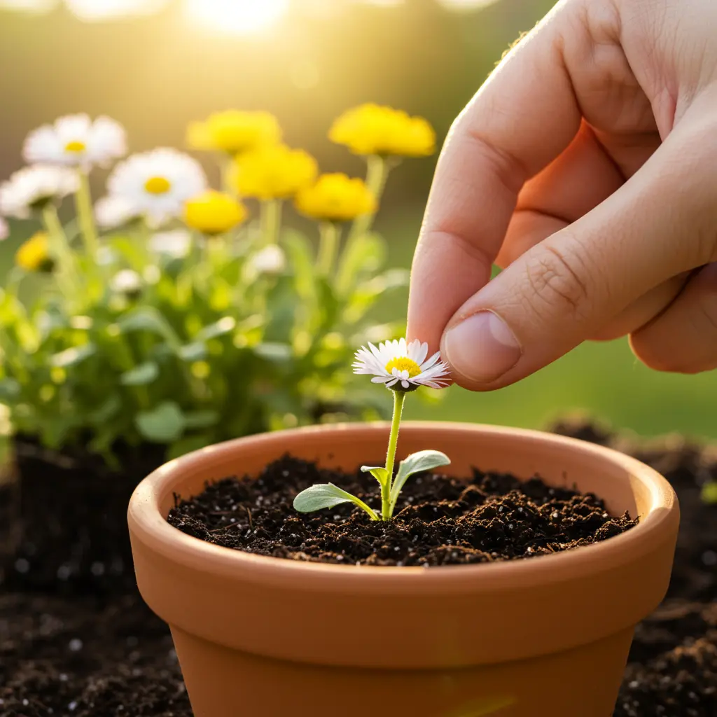 An image illustrating Photorealistic image showing a hand gently planting a tiny daisy seed about 1/8 inch deep into well-drained soil in a small terracotta pot. Bright, warm sunlight illuminates the scene. In the background, slightly out of focus, are vibrant, healthy daisy seedlings or blooming daisy flowers, symbolizing successful growth. Eye-level perspective. 16:9 aspect ratio. --no text