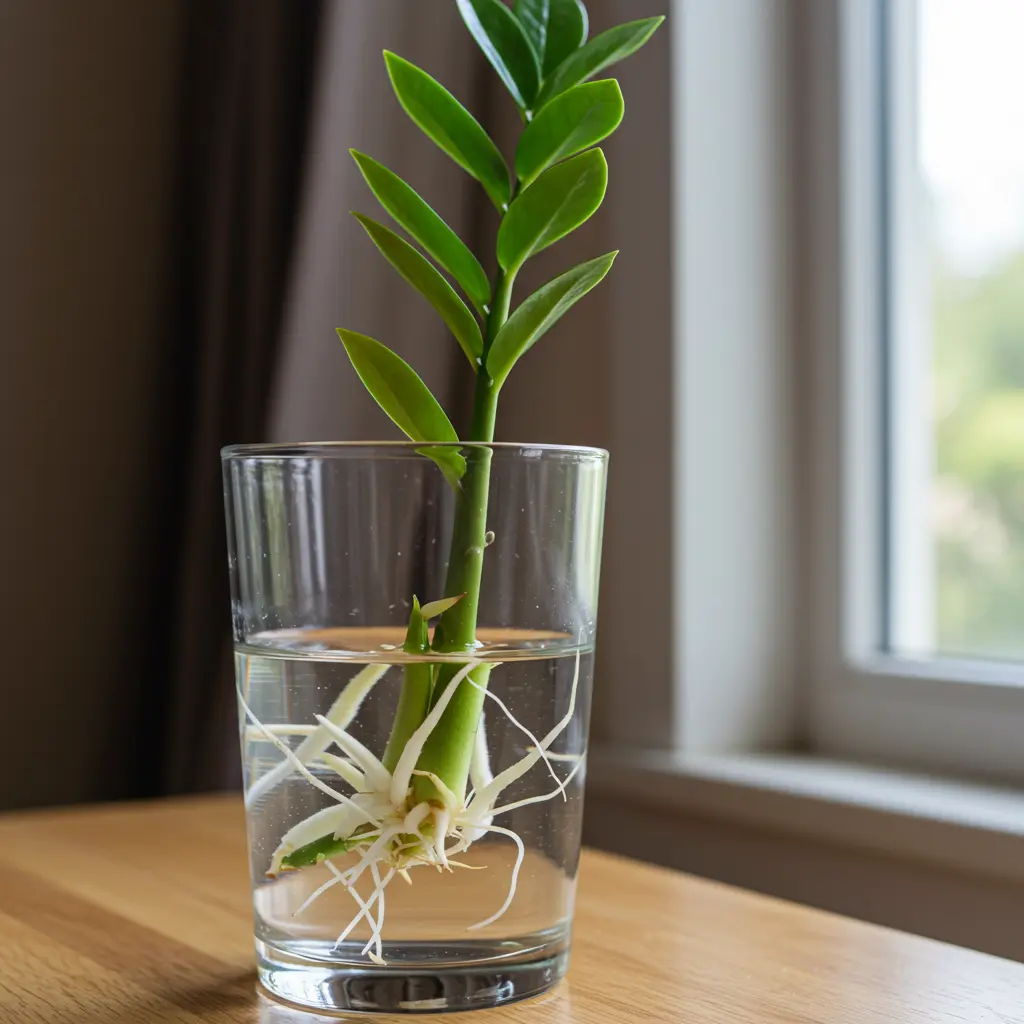 An image illustrating Photorealistic close-up of a healthy ZZ plant stem cutting suspended in a clear glass vase filled with clean water, showcasing newly developing white roots. Set on a bright, clean wooden surface near a window with soft, diffused natural light creating an encouraging, hopeful mood. Focus on the healthy cutting and emerging roots. 16:9 aspect ratio. --no blurry elements, --no cloudy water.