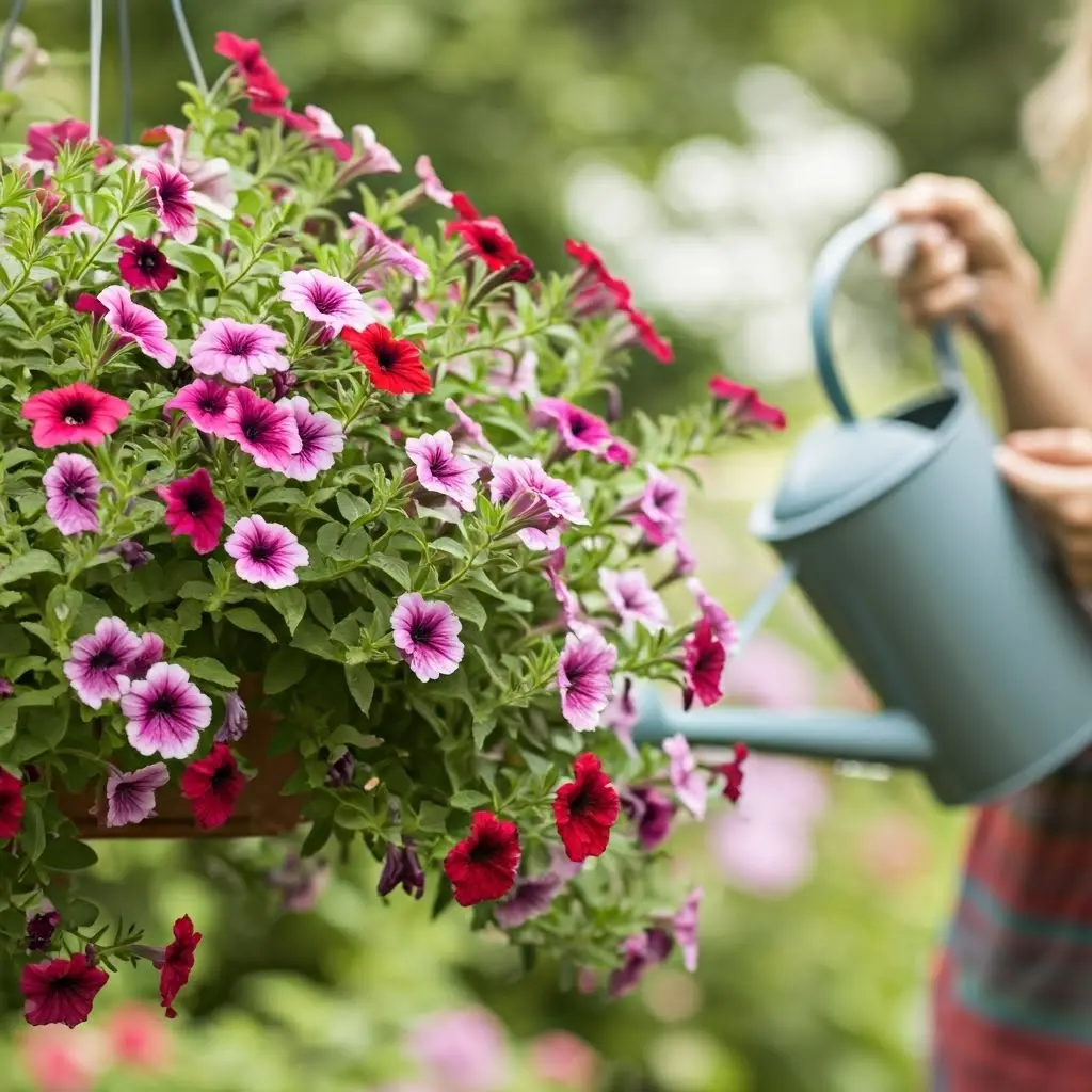 An image illustrating Photorealistic image of a woman gently watering a lush hanging basket filled with colorful petunias. Close-up shot focusing on the water droplets on the leaves and the woman's hand holding a watering can. Soft, natural lighting. 16:9 aspect ratio.