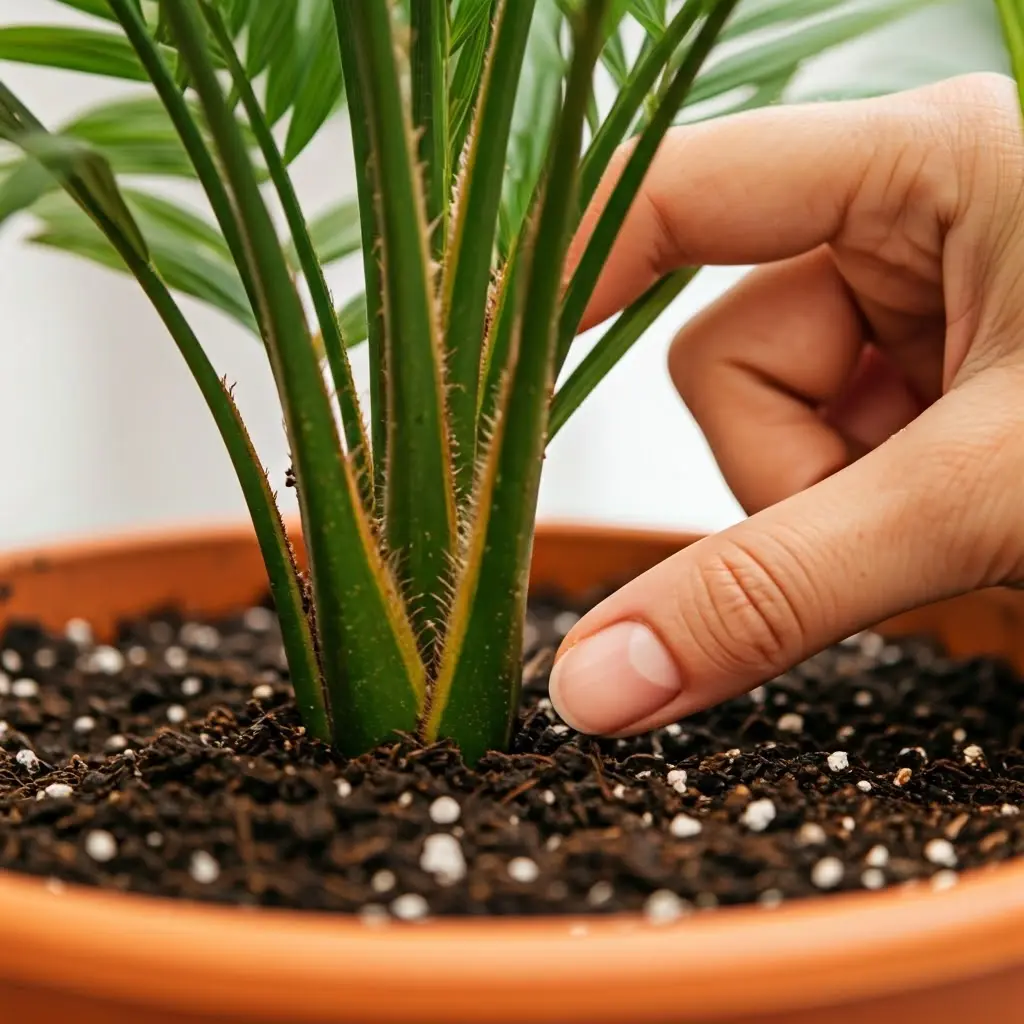 An image illustrating Photorealistic close-up of a hand gently pressing a finger into the soil of a potted indoor palm plant to check moisture levels. Bright, helpful lighting. 16:9 aspect ratio. Focus on demonstrating the 'finger test' clearly.