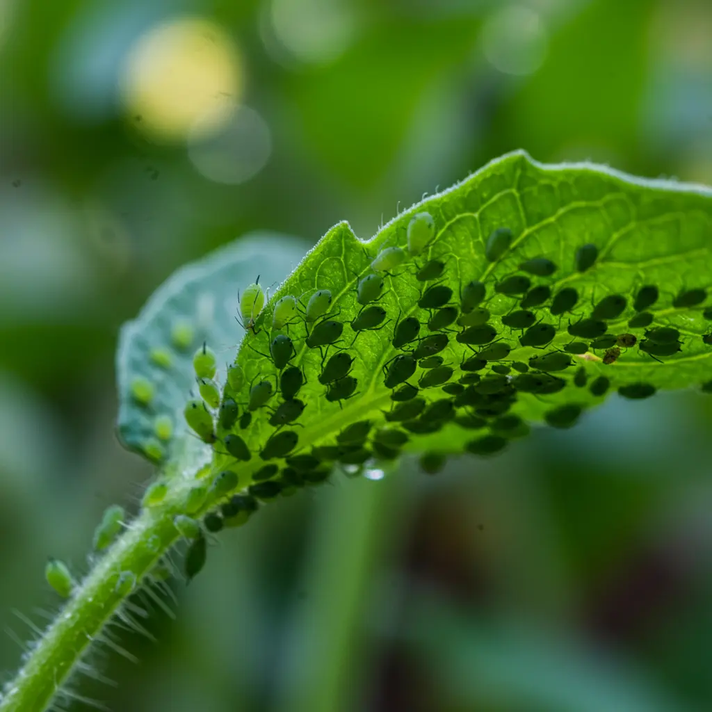 An image illustrating Photorealistic macro shot focusing on tiny, pear-shaped green aphids clustered densely on the underside of a vibrant green tomato plant leaf. Bright, natural daylight illuminates the scene, highlighting the leaf veins and the aphids. Shallow depth of field blurs the background garden foliage slightly. Mood is clear and informative, slightly alarming due to pests but high-detail. 16:9 aspect ratio. --no text --no water droplets