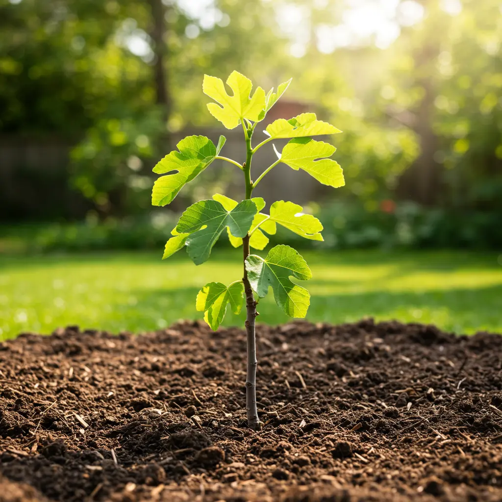An image illustrating Photorealistic image of a healthy young fig tree, recently planted in a sunny home garden. The tree has vibrant green leaves and stands in well-tilled, rich dark soil, with a neat circle of dark wood chip mulch around its base. Bright, warm, natural sunlight illuminates the scene, casting soft shadows. The background shows a blurred, lush green garden, creating a sense of depth and an ideal growing environment. Focus on the health of the young tree and the care taken in planting. Encouraging, hopeful, and practical mood. Shot at eye-level. 16:9 aspect ratio.
