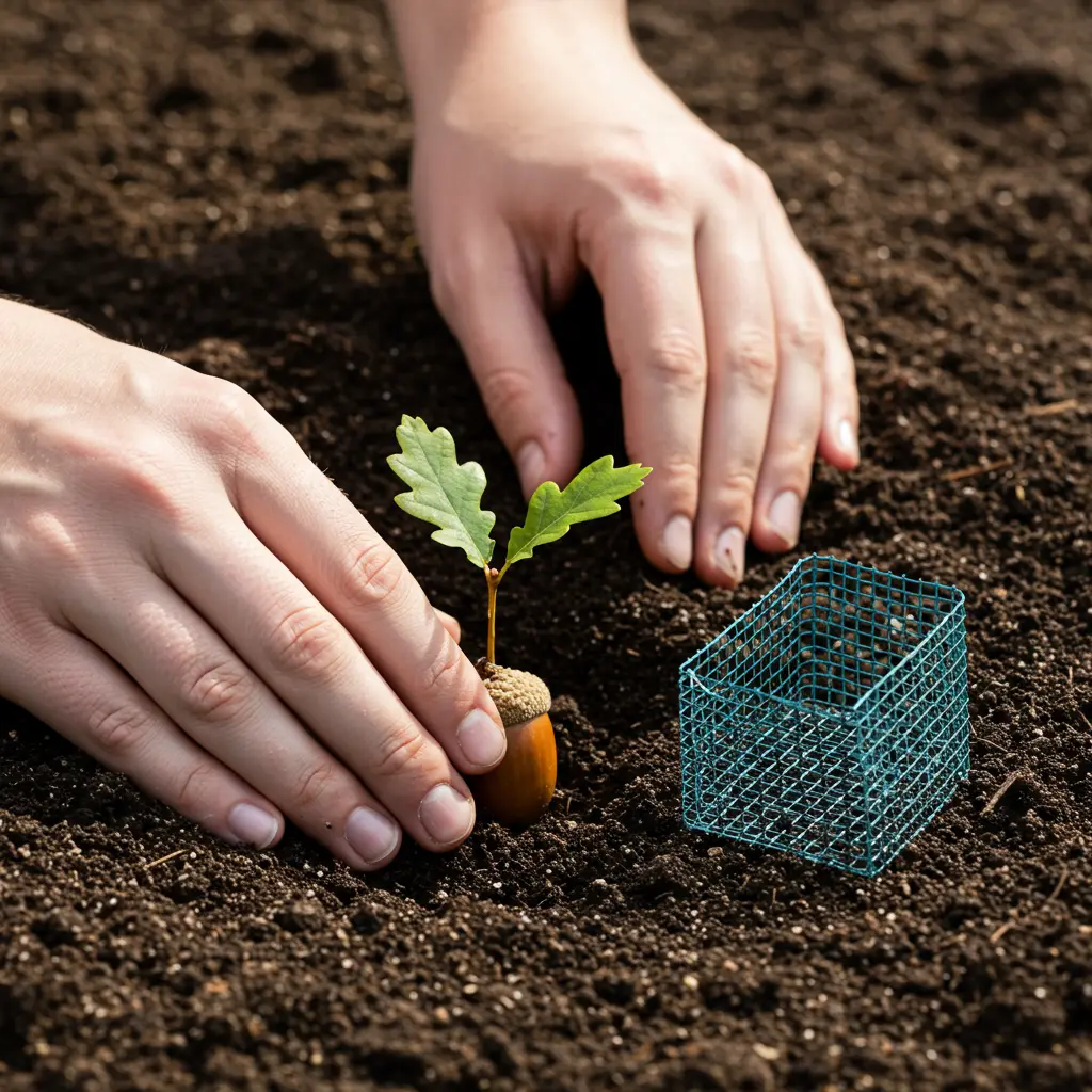 An image illustrating Photorealistic close-up, eye-level view: Hands gently planting a viable oak acorn (slightly sprouted taproot visible) into rich garden soil. Next to the planting hole sits a small square of protective hardware cloth mesh. Bright, natural daylight illuminates the scene, conveying a hopeful, practical mood. Shallow depth of field focusing on the acorn and hands. 16:9 aspect ratio. --no text --no blurry elements