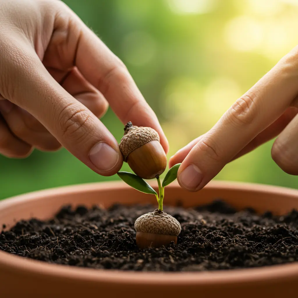 An image illustrating Close-up, eye-level photorealistic shot of a pair of hands carefully placing a healthy brown acorn on its side into dark, moist potting soil in a terracotta pot. Bright, warm natural sunlight illuminates the scene, suggesting hope and growth. Shallow depth of field focuses on the acorn and hands. Background shows blurred green foliage. Encouraging, clean aesthetic. 16:9 aspect ratio. --no text --no labels.