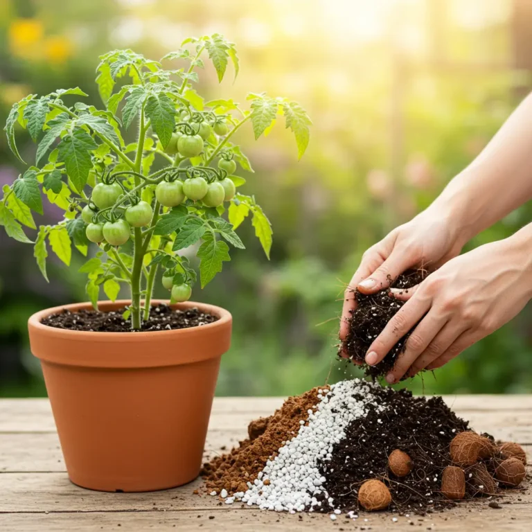 An image illustrating Photorealistic, eye-level shot of a vibrant, healthy potted tomato plant thriving in a terracotta container, its leaves lush green and bearing small green tomatoes. Next to the plant, on a rustic wooden gardening table, a pair of hands is shown mid-action, gently mixing dark, rich, well-cured compost with white perlite and light brown coco coir in a separate pile. Bright, warm, natural sunlight illuminates the scene, creating an encouraging and successful gardening mood. The background is a softly blurred, sunny garden setting. 16:9 aspect ratio. --no text --no words