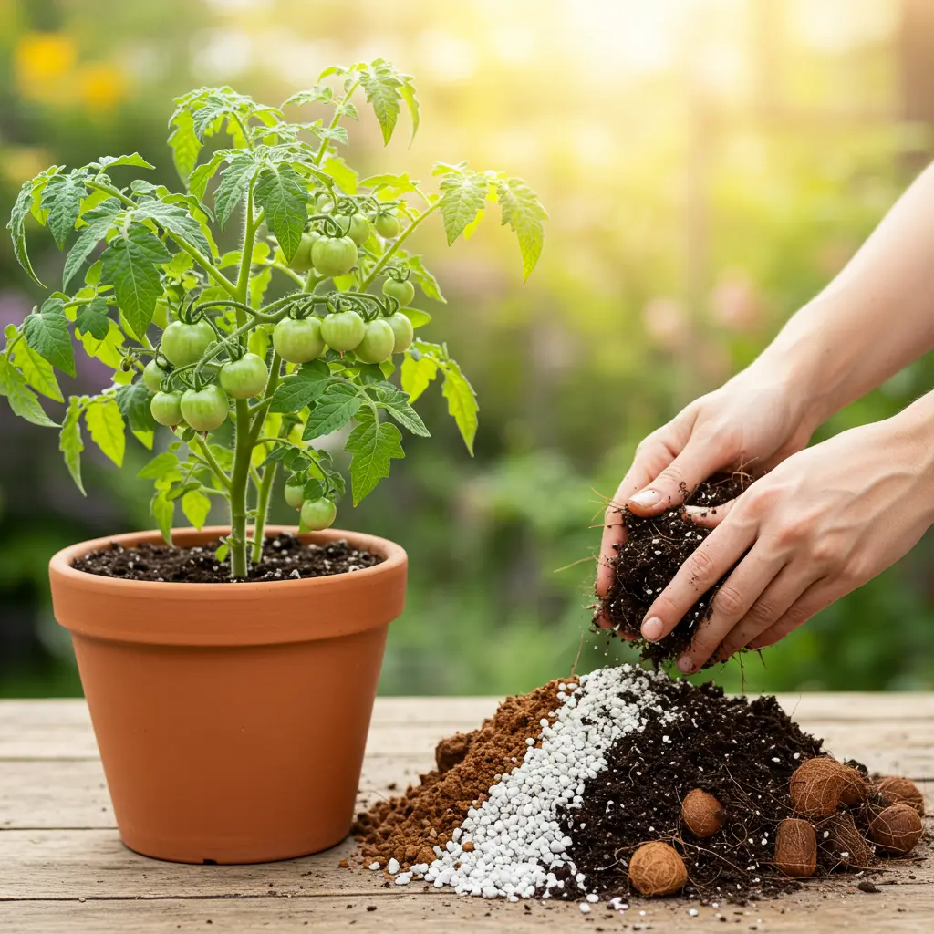 An image illustrating Photorealistic, eye-level shot of a vibrant, healthy potted tomato plant thriving in a terracotta container, its leaves lush green and bearing small green tomatoes. Next to the plant, on a rustic wooden gardening table, a pair of hands is shown mid-action, gently mixing dark, rich, well-cured compost with white perlite and light brown coco coir in a separate pile. Bright, warm, natural sunlight illuminates the scene, creating an encouraging and successful gardening mood. The background is a softly blurred, sunny garden setting. 16:9 aspect ratio. --no text --no words