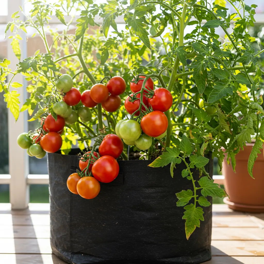 An image illustrating Photorealistic, eye-level shot of a lush, healthy tomato plant overflowing with ripening red and some green tomatoes, thriving in a large, dark-colored fabric grow bag. The scene is set on a sunny patio or balcony, bathed in bright, warm, natural sunlight, evoking an optimistic and successful late-season harvest. The background is softly blurred, highlighting the vibrant greens of the leaves and the reds of the fruit. 16:9 aspect ratio. --no diseased plants, --no clutter, --no text, --no people.