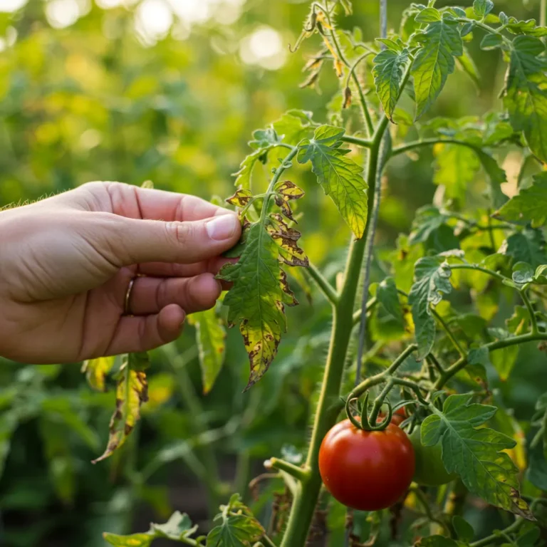 An image illustrating Photorealistic stock photo, eye-level medium shot of a tomato plant in a garden that has suffered significant animal damage: some leaves chewed, a stem snipped, and a half-eaten tomato visible. A gardener's hand gently holds a damaged leaf, examining it closely, conveying concern and investigation. Bright, natural sunlight. The overall mood is one of problem-solving. 16:9 aspect ratio. --no text