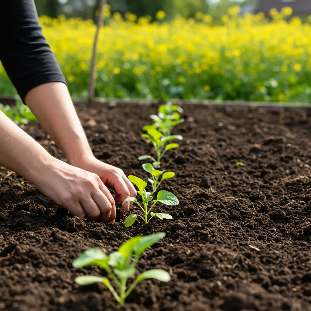 An image illustrating Photorealistic, eye-level shot of a well-tended garden bed after tomato harvest. A gardener's hands are carefully planting young, healthy leafy green seedlings into rich, dark, compost-amended soil. In the background, a patch of vibrant yellow mustard cover crop is in bloom. Bright, natural sunlight illuminates the scene, creating a hopeful and productive mood. Focus on the healthy soil and new growth. 16:9 aspect ratio. --no diseased plants --no clutter