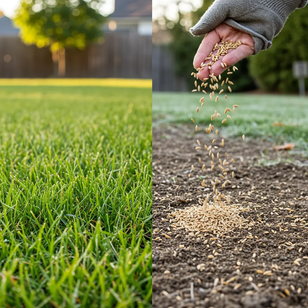 An image illustrating Photorealistic, eye-level to slightly elevated split-view of a residential lawn in late autumn. Left side: vibrant, newly sprouted green grass seedlings thriving in cool weather. Right side: dormant grass seed scattered on bare soil, lightly kissed by early morning frost, symbolizing dormant seeding. A hand (optional: wearing a gardening glove) is gently scattering seed on the dormant side. The overall mood is hopeful and practical. Clear, crisp autumn light. 16:9 aspect ratio. --no text