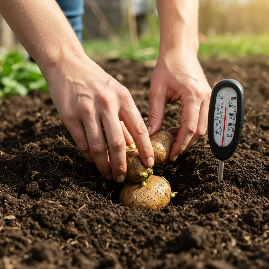 An image illustrating Photorealistic stock photo, close-up, eye-level view: A pair of gardener's hands gently placing a chitted seed potato (clearly showing small green sprouts) into prepared, dark loamy soil. Nearby, a soil thermometer is visibly stuck in the earth, reading around 50-55°F. Scene is set in a spring garden under bright, natural sunlight, creating an encouraging and instructional mood. Focus on the details of the seed potato and the soil. 16:9 aspect ratio. --no text