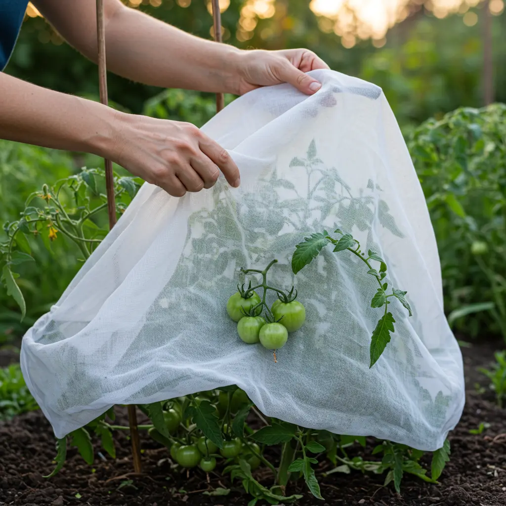 An image illustrating Photorealistic, eye-level medium shot: A gardener's hands carefully draping a white, breathable frost protection cloth over a lush tomato plant with green tomatoes in a well-tended garden. The lighting suggests late evening, cool ambiance. Emphasize the gentle protection. Clean, slightly blurred garden background. 16:9 aspect ratio. --no text