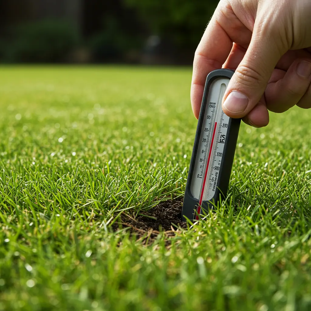 An image illustrating Photorealistic close-up, eye-level shot of a hand (optionally with a gardening glove) inserting a soil thermometer into a Bermuda grass lawn. The scene shows a mix of healthy green grass and a small, visible bare patch, implying lawn care and decision-making. Bright, natural sunlight illuminates the scene, highlighting the texture of the grass and soil. The mood is practical and hopeful. 16:9 aspect ratio. --no text --no blurry elements