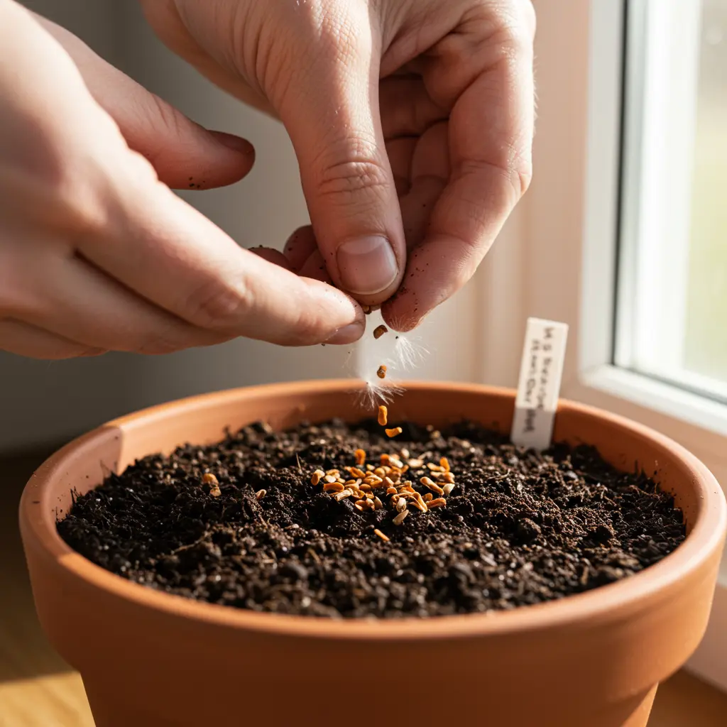 An image illustrating Photorealistic close-up, eye-level view of a pair of hands gently placing tiny, brown milkweed seeds (fluff removed) onto the surface of dark, moist seed starting mix in a small terracotta pot. Bright, natural sunlight streams in from a nearby window, illuminating the scene. Focus is sharp on the seeds and soil texture. Clean, slightly blurred background suggesting a simple potting bench or windowsill. Encouraging and hopeful mood. 16:9 aspect ratio. --no text --no clutter
