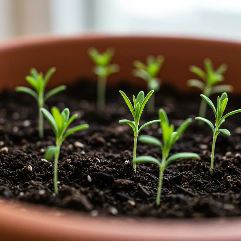 An image illustrating Photorealistic close-up shot of delicate, vibrant green lavender seedlings sprouting in a terracotta seed starting pot filled with dark, moist, well-draining soil. Focus on a few seedlings showing their first tiny true leaves. Soft, bright, natural light illuminates the scene, creating a hopeful and encouraging mood. Background subtly blurred, hinting at a clean indoor gardening setup. 16:9 aspect ratio. --no clutter, --no wilted plants.