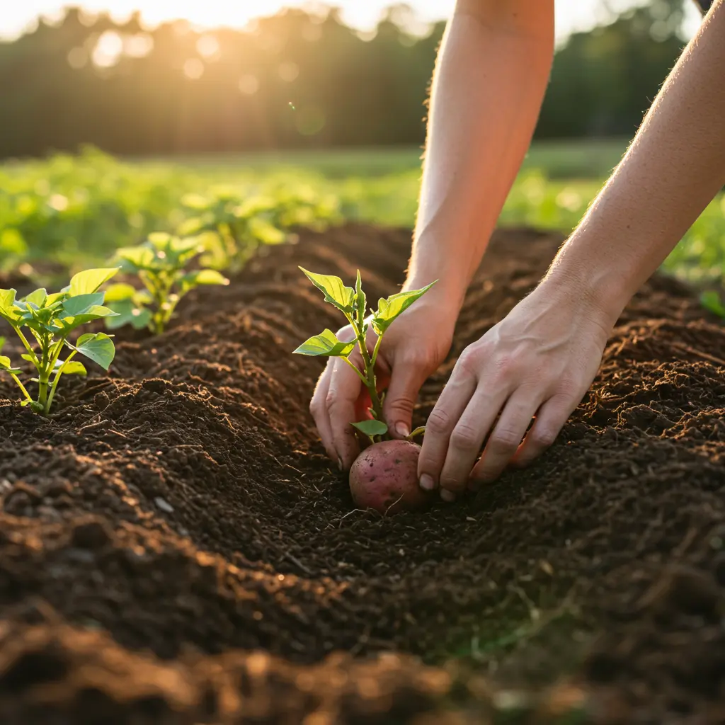 An image illustrating Photorealistic, eye-level shot of a home gardener's hands carefully planting a sweet potato slip into rich, dark amended soil in a sunny Georgia garden. A few healthy, green Irish potato plants are visible in the near background, suggesting a successful earlier planting. Warm, natural sunlight creating an encouraging and hopeful mood. Focus on the hands, the slip, and the quality of the soil. 16:9 aspect ratio. --no text