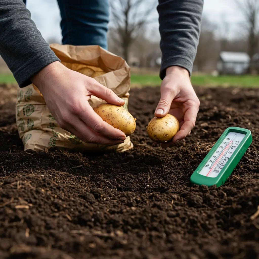 An image illustrating Photorealistic stock photo, 16:9 aspect ratio. Eye-level view of a Michigan home gardener's hands gently holding a seed potato (e.g., Yukon Gold) over prepared, dark garden soil. In the near background, a soil thermometer is visible, subtly indicating a check for soil temperature. The scene evokes a cool but sunny Michigan spring morning. Mood: thoughtful, prepared, and reassuring, hinting at careful timing for planting. --no text --no words on potato bag