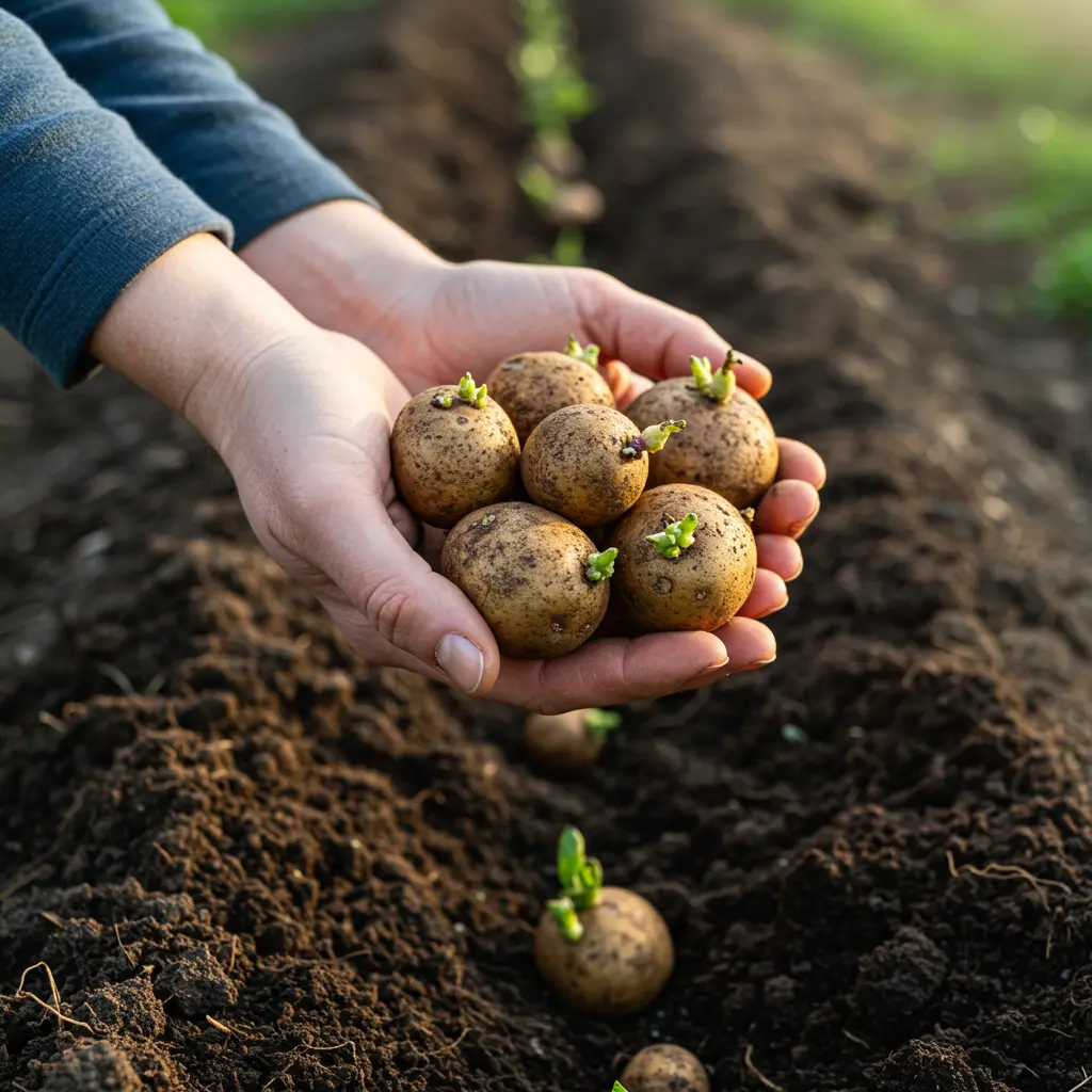 An image illustrating Photorealistic, eye-level shot of a home gardener's hands carefully holding several chitted seed potatoes with small green sprouts, ready for planting. The background shows a well-prepared Ohio garden bed in early spring with dark, rich soil and emerging green shoots. Soft, natural morning sunlight illuminates the scene, creating a hopeful and encouraging mood. Focus on the texture of the potatoes and the fresh soil. Helpful, local gardening feel. 16:9 aspect ratio. --no text --no overly dramatic lighting