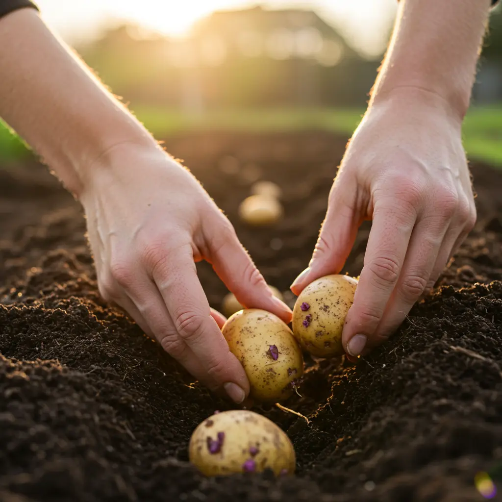 An image illustrating Photorealistic close-up, eye-level shot: A gardener's hands carefully planting a healthy, cut seed potato with visible eyes into rich, dark, loamy garden soil. Bright, natural spring sunlight illuminates the scene, creating a hopeful and encouraging mood. The background shows a softly blurred Zone 7 home garden. 16:9 aspect ratio. --no diseased potatoes, --no overly dry soil.