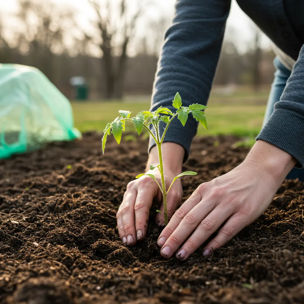 An image illustrating Photorealistic image: A home gardener carefully transplants a healthy tomato seedling into prepared soil in a Missouri backyard garden during spring. Bright, natural light with a few soft clouds. A frost cover is visible on a nearby plant or set aside, hinting at variable weather preparedness. Focus on the hands and the seedling, with the gardener's encouraging expression partially visible. Warm, inviting, and practical mood. 16:9 aspect ratio.