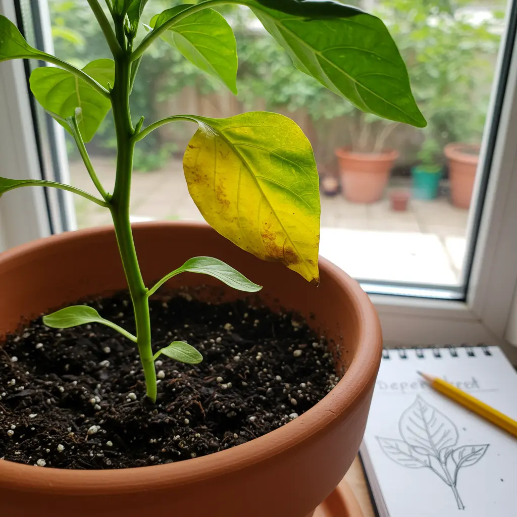 An image illustrating Photorealistic close-up of a young pepper plant in a terracotta pot. One lower leaf is clearly yellow (suggesting nitrogen deficiency), while upper leaves remain green. Beside the pot, a small, open notebook with a simple leaf drawing and a pencil, implying diagnosis or a 'pepper plant detective' approach. Bright, natural window light, indoor or patio setting. Encouraging, problem-solving mood. 16:9 aspect ratio. --no severe disease, --no text.