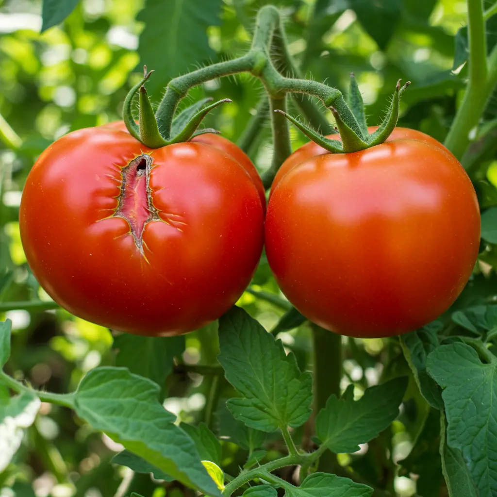 An image illustrating Photorealistic close-up shot of a ripe red tomato with a visible radial crack, contrasted with a perfect, unblemished tomato beside it. Both tomatoes are nestled amongst healthy green tomato plant leaves in a garden setting. Bright, natural sunlight highlights the textures. The mood is hopeful and informative, focusing on the solution. 16:9 aspect ratio. --no text --no hands