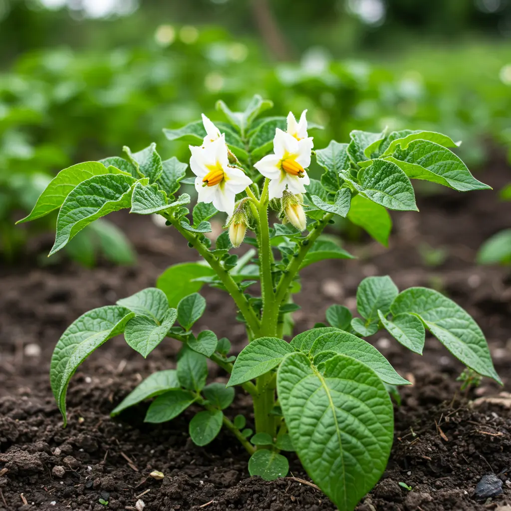 An image illustrating Photorealistic, high-quality stock photo. Eye-level medium close-up of a young, vibrant green potato plant in a sunlit garden, clearly showing unexpected early white flowers. Leaves exhibit subtle signs of heat stress (slight edge curling). Background of garden soil and other greenery, softly blurred. Bright natural daylight. Informative and clear. 16:9 aspect ratio. --no overly wilted or diseased plants, --no text.