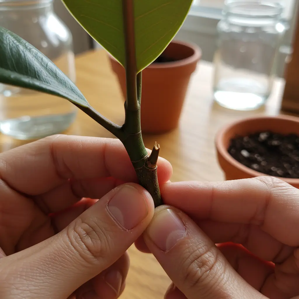 An image illustrating Photorealistic close-up shot of hands gently holding a freshly cut rubber plant stem (Ficus elastica). Focus is sharp on a prominent node (small bump) just below the clean, angled cut. In the soft-focus background, a clear glass jar with water and a small terracotta pot with soil are visible, suggesting propagation methods. Scene is brightly lit with natural sunlight on a clean wooden tabletop. Mood is encouraging and instructional. 16:9 aspect ratio. --no text --no blurry main subject