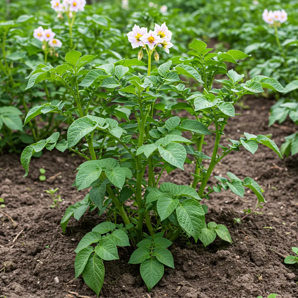 An image illustrating Photorealistic, eye-level shot of a healthy, mature potato plant in a sunlit home garden, approximately 2-3 feet tall, representing 90 days of growth. The plant has lush green leaves and is currently flowering with visible white or purple potato blossoms. The soil around its base is well-hilled. Clear, bright natural lighting. Mood: informative and aspirational. 16:9 aspect ratio.