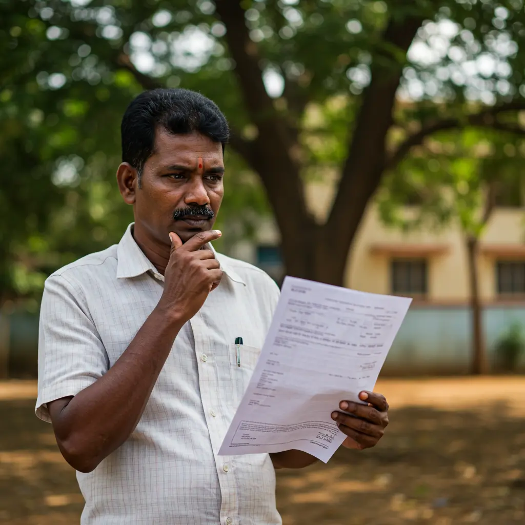 An image illustrating Photorealistic stock photo, 16:9 aspect ratio. Eye-level medium shot of a South Asian adult in Tamil Nadu, looking thoughtfully at a generic official document. A public roadside tree and a subtle hint of a government building are in the background. Natural, slightly overcast daylight. Mood: serious, seeking information. Focus on the person and document, background softly blurred. --no tree cutting, --no axes, --no distress, --no legible text, --no logos.