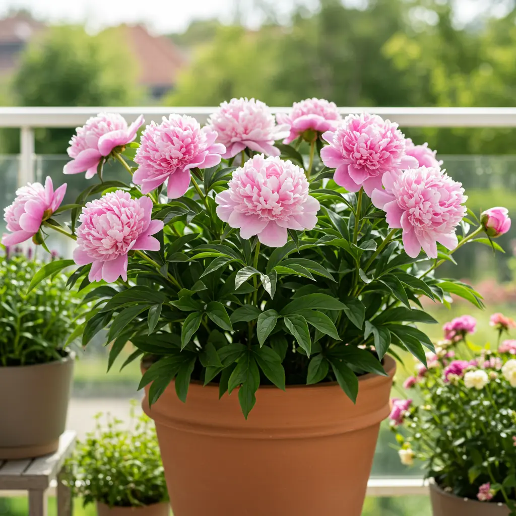 An image illustrating Photorealistic, eye-level medium shot of a magnificent, healthy herbaceous peony plant in full bloom (e.g., vibrant pink or soft white flowers) thriving in a large, stylish terracotta pot (approx. 20-24 inches diameter). The peony showcases lush, deep green foliage. The pot is placed on a sun-drenched patio or balcony with a subtly blurred background of a well-maintained home garden, evoking successful container gardening. Lighting is bright, natural sunlight, highlighting the textures of petals and leaves. Mood is joyful, vibrant, and aspirational. 16:9 aspect ratio. --no clutter, --no artificial-looking elements.