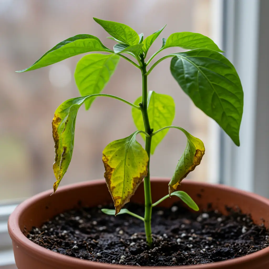 An image illustrating Photorealistic stock photo, 16:9 aspect ratio. A close-up, eye-level shot of a young pepper plant in a small, simple pot (like a terracotta pot or a starter pot) clearly showing signs of overwatering: some lower leaves are yellowing and drooping, with slight browning at the tips. The soil surface looks visibly damp. The background is slightly blurred, suggesting an indoor windowsill or a beginner gardening setup. Lighting is natural and soft, highlighting the plant's distress but not overly dramatic. The overall mood is one of concern, yet clear for diagnosis. --no text