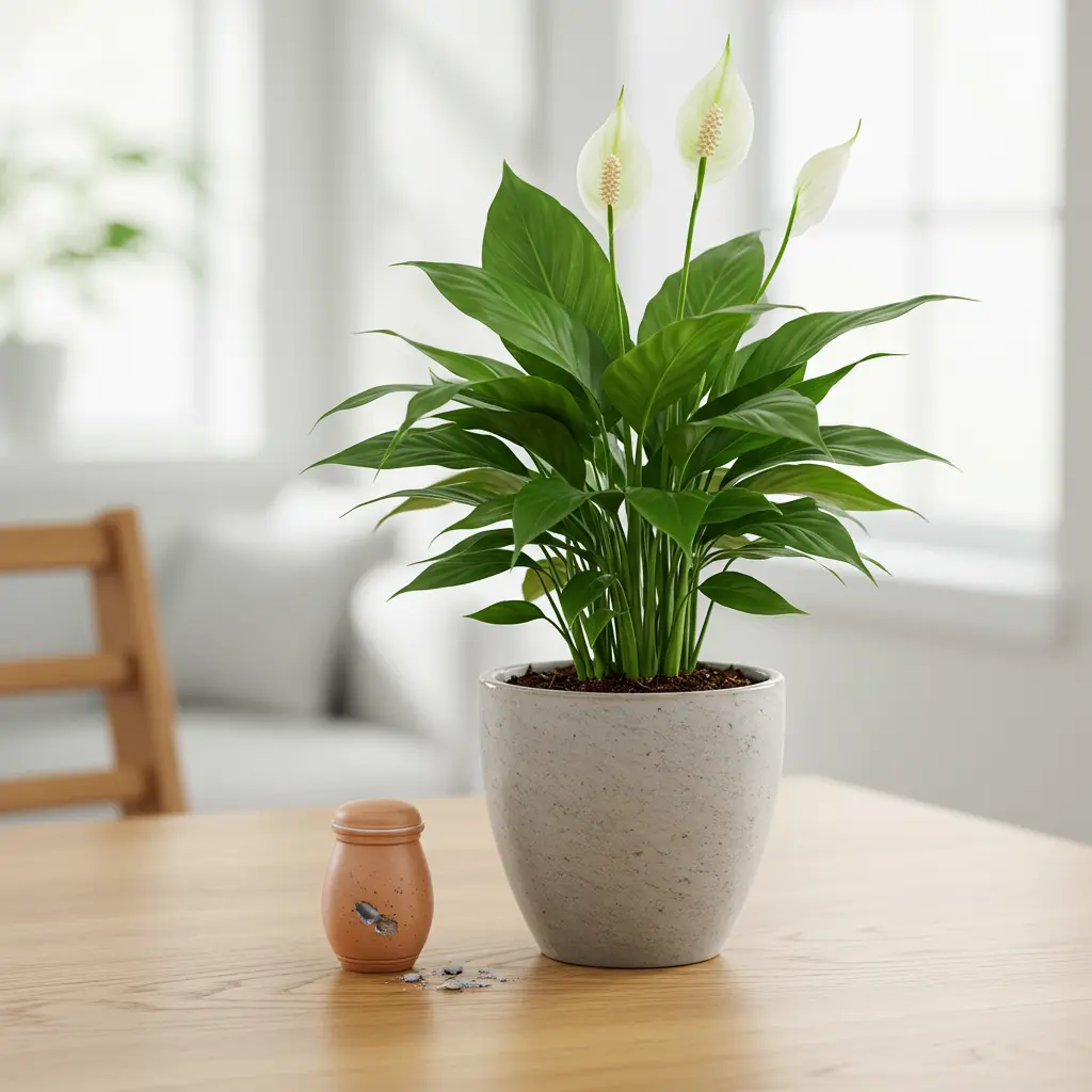 An image illustrating Photorealistic, eye-level shot of a tastefully arranged memorial planter. A healthy, vibrant green plant (e.g., peace lily or small fern) thrives in an elegant ceramic pot. Beside the plant's roots, a small, sealed, respectful container for ashes (like a miniature biodegradable urn or smooth pod) is carefully placed, not mixed with soil. Soft, natural light bathes the scene on a wooden tabletop in a bright, serene setting. Mood: comforting, respectful, hopeful, celebrating life. Colors: natural greens, earthy browns, soft whites. 16:9 aspect ratio. --no visible raw ashes, --no unhealthy plants.