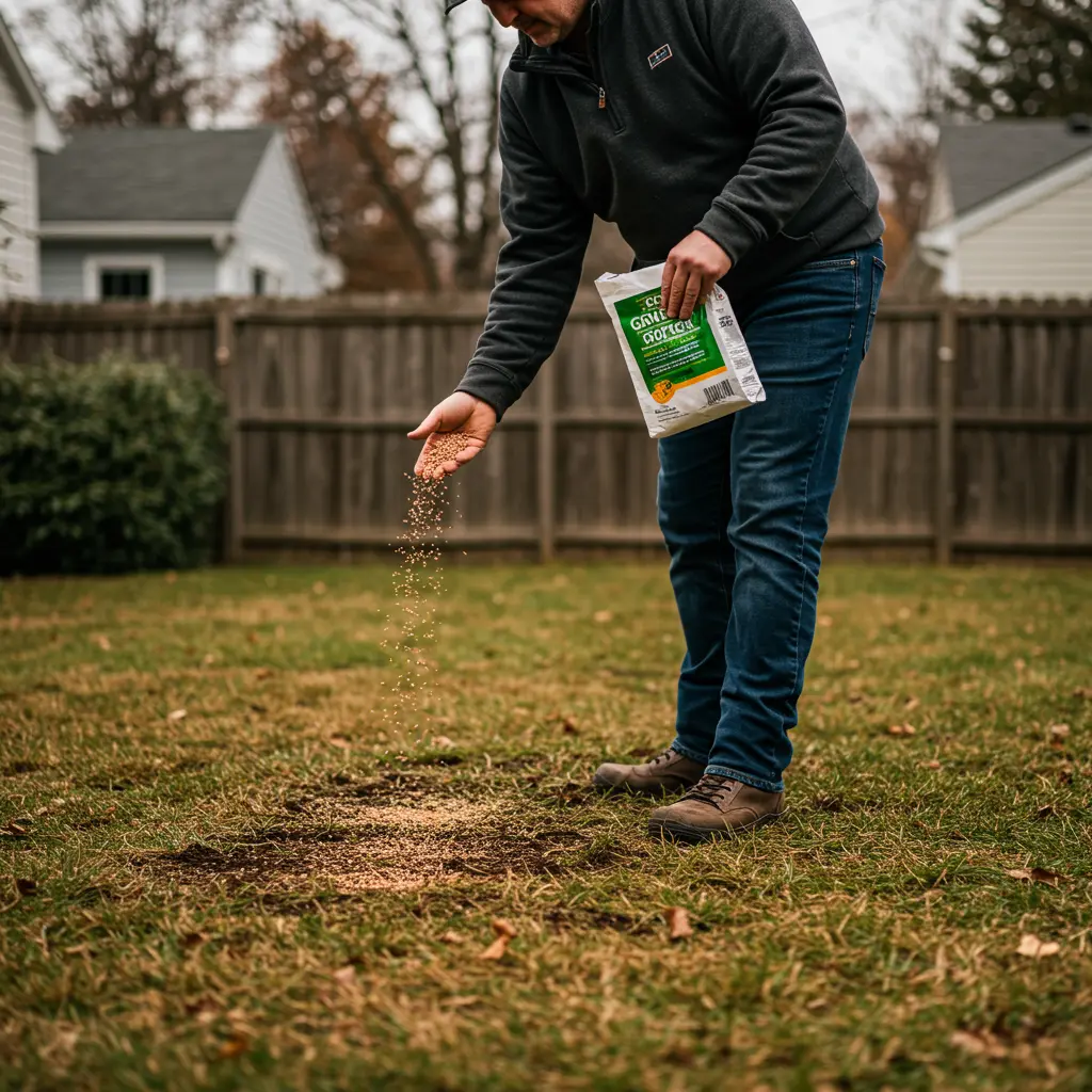 An image illustrating Photorealistic, eye-level medium shot: A relatable DIY homeowner, warmly dressed for cool weather, is actively seeding their patchy lawn in a suburban backyard during late fall. They are carefully scattering cool-season grass seed by hand from a small bag onto prepared bare soil areas amidst dormant, brownish grass. The lighting is soft and natural, characteristic of a crisp autumn day. The mood is practical and hopeful. 16:9 aspect ratio. --no snow, --no vibrant green summer lawn, --no large machinery.