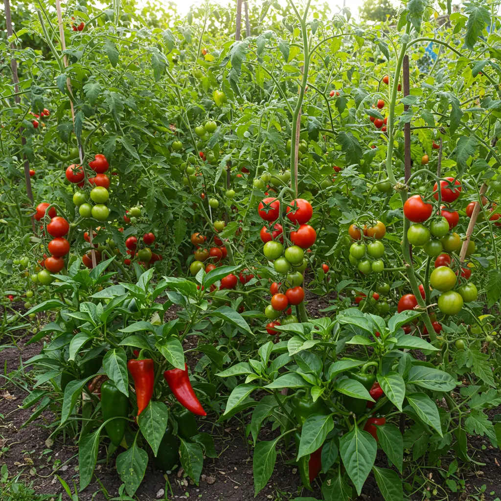 An image illustrating Photorealistic stock photo, eye-level view, of a vibrant and healthy garden bed where tomato plants and pepper plants are growing successfully together. Tomato plants are staked or trellised, laden with ripening red fruit, and pepper plants, positioned slightly in front or to the side to receive ample sunlight, are bushy with green and red peppers. The plants show good spacing for airflow. Bright, natural sunlight illuminates the scene, highlighting the lush green foliage and colorful fruits. The overall mood is abundant, successful, and encouraging. 16:9 aspect ratio. --no text --no people --no blurry elements
