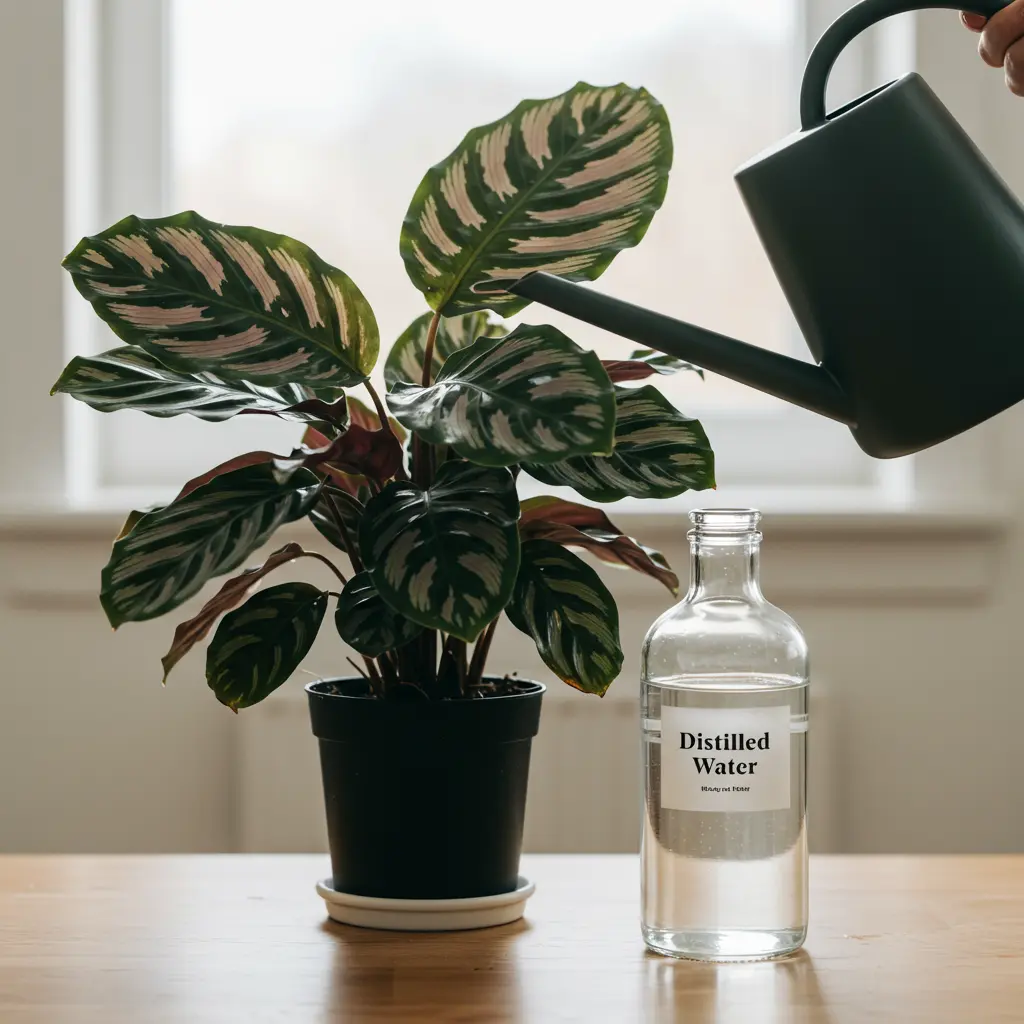 An image illustrating Photorealistic, eye-level medium shot of a thriving Calathea plant with perfect, vibrant green and patterned leaves, being watered with a sleek, modern watering can. Next to the plant sits a clear glass bottle prominently labeled 'Distilled Water'. Bright, soft natural light illuminates the scene, set on a clean, light-colored wooden surface. Background is subtly blurred, emphasizing the plant and water. Overall mood is serene, healthy, and meticulous. 16:9 aspect ratio. --no wilting, --no brown spots, --no brand logos.
