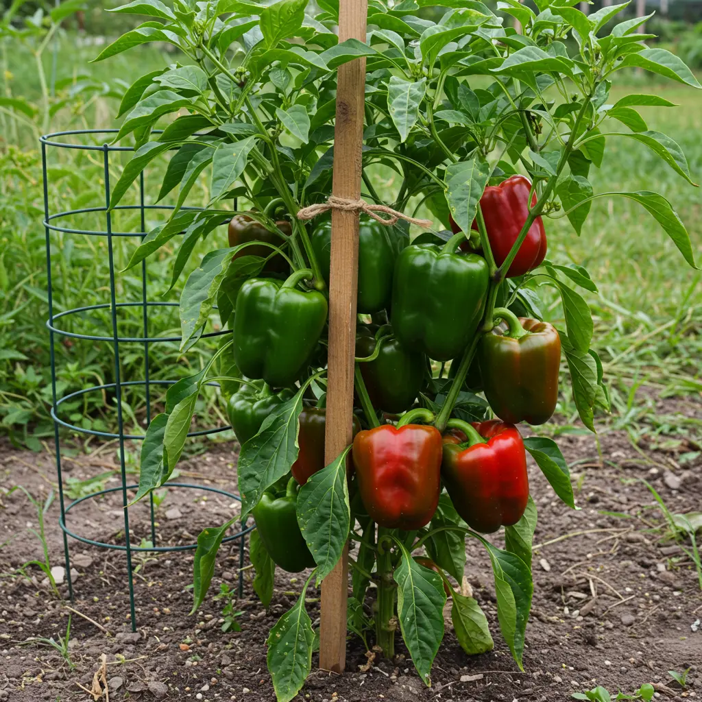 An image illustrating Eye-level shot of a lush green pepper plant, heavily laden with a mix of green and ripening red bell peppers, thriving in a sunlit garden. The plant is clearly and neatly supported by both a single wooden stake tied gently to the main stem and a surrounding cylindrical wire pepper cage, showcasing two effective support methods. Bright, natural sunlight, vibrant colors. Focus on the healthy plant and effective supports. 16:9 aspect ratio. Photorealistic. --no blurry elements --no text