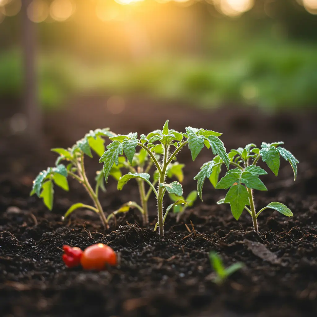 An image illustrating Vibrant, high-quality stock photo, eye-level close-up: A cluster of young, healthy tomato volunteer seedlings, leaves glistening with morning dew, pushing through dark, fertile garden soil. A few remnants of last season's fallen red tomatoes are subtly visible nearby, indicating their origin. Soft, warm sunlight from the side, creating a hopeful and promising atmosphere. Background is a softly blurred garden. 16:9 aspect ratio. --no text --no hands