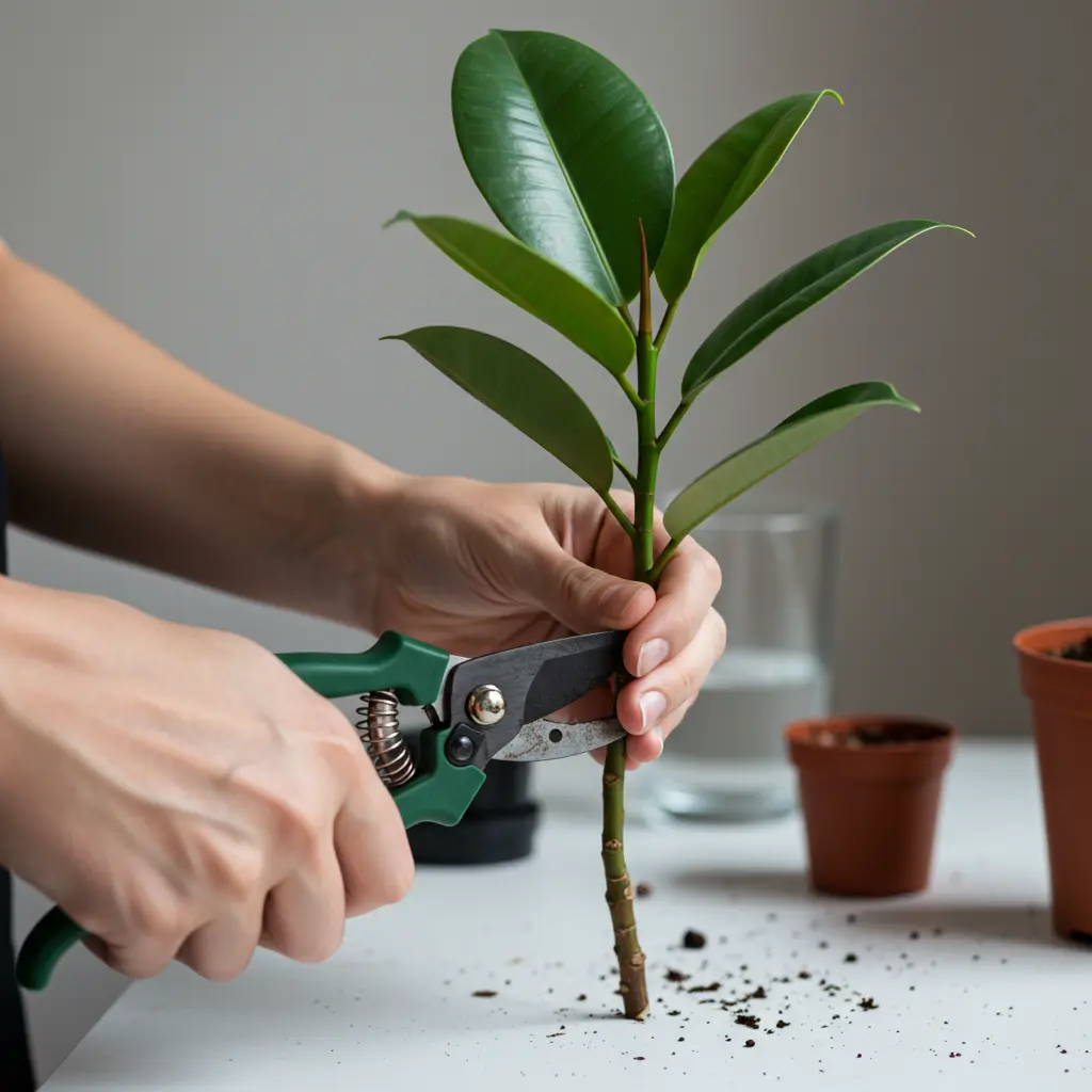 An image illustrating Bright, clean, eye-level photorealistic shot: Hands carefully holding a healthy Ficus elastica (rubber plant) stem, preparing to make a precise cut below a visible node with clean, sharp secateurs. The scene is well-lit with natural light, on a clean tabletop. In the soft-focus background, a glass of water and a small pot with soil suggest propagation options. Mood: encouraging, instructional, hopeful. Aspect Ratio: 16:9. --no dark shadows, --no mess, --no struggling plants.