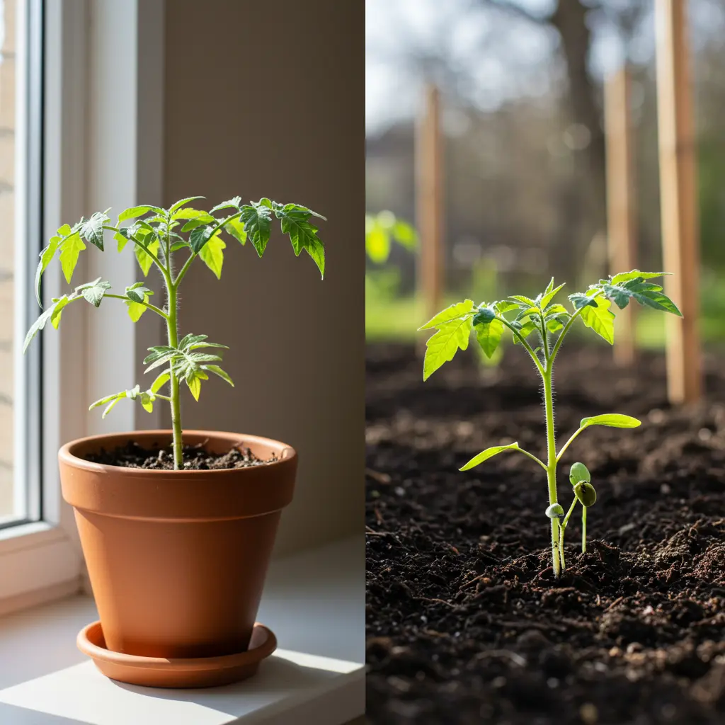 An image illustrating Photorealistic, 16:9 aspect ratio, eye-level diptych style image. Left panel: A healthy, compact tomato plant in a terracotta pot on a bright windowsill indoors, symbolizing overwintering. Right panel: A robust young tomato seedling emerging from dark, moist garden soil in early spring sunlight, symbolizing a volunteer plant. Colors are vibrant greens and earthy browns. Mood is optimistic and practical. Sharp focus on the plants, slightly blurred background. --no text, --no hands.