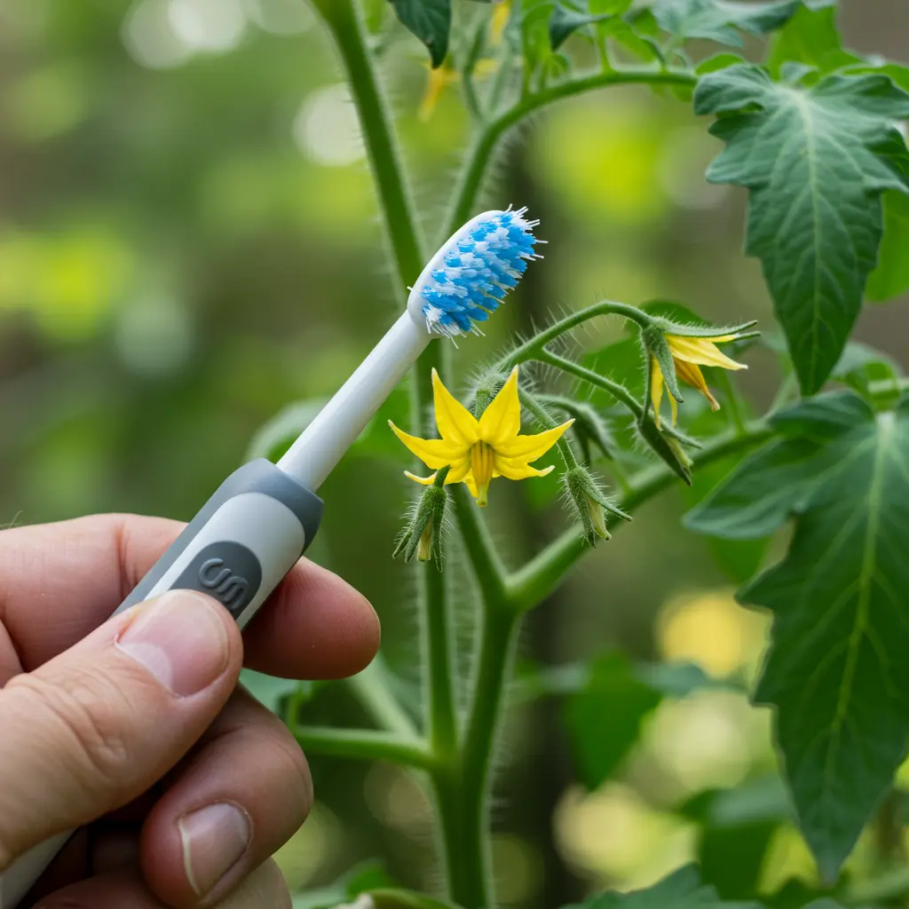 An image illustrating Photorealistic close-up shot, 16:9 aspect ratio. A gardener's hand gently holding a small electric toothbrush near a vibrant yellow tomato flower truss on a healthy green tomato plant. The scene is brightly lit with natural sunlight, hinting at an indoor or screened porch setting in the soft-focused background. Focus is sharp on the flower and toothbrush. Mood: hopeful, instructional, and encouraging. --no text --no overly stylized elements.