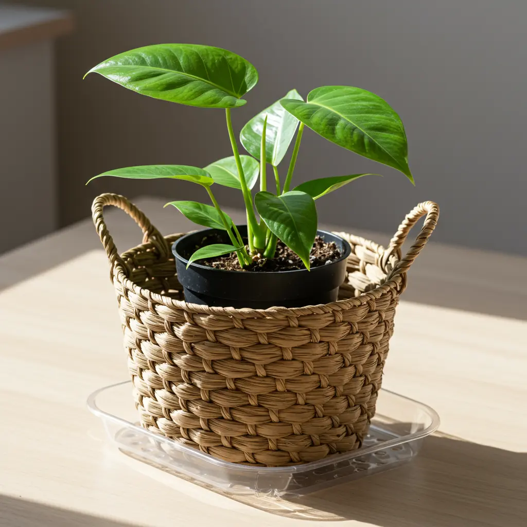 An image illustrating Photorealistic, eye-level shot of a healthy, vibrant green houseplant (e.g., a small Fiddle Leaf Fig or Pothos) correctly potted for a decorative basket. The plant is in a simple black nursery pot, which sits visibly inside a clear plastic drip tray. This entire assembly is then neatly placed inside a stylish, natural fiber woven basket (e.g., seagrass or wicker). The setup is on a clean, light-colored wooden surface, with bright, indirect natural light creating a fresh and airy mood. Focus on the layers: decorative basket, drip tray, nursery pot. 16:9 aspect ratio. --no mold --no wilting plants --no direct soil in basket.