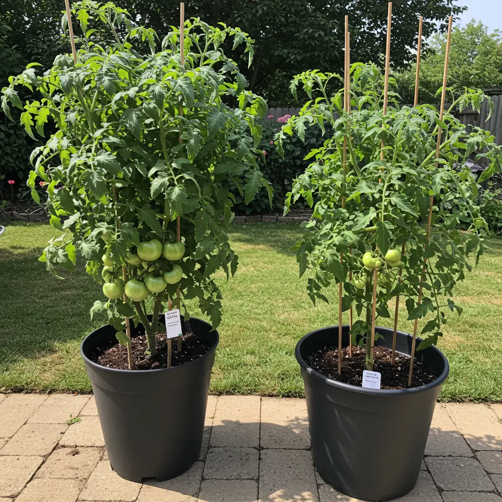 An image illustrating Photorealistic stock image, 16:9 aspect ratio. Eye-level view of two Brandywine tomato plants side-by-side in a sunny home garden setting. One plant is large, vibrant, and healthy, growing in a deep 10-gallon container. The other plant is noticeably smaller and less vigorous, growing in a shallower 5-gallon container. The difference in soil depth and container size should be apparent. Bright, natural sunlight. Clear, educational, and helpful mood. --no text, --no people.