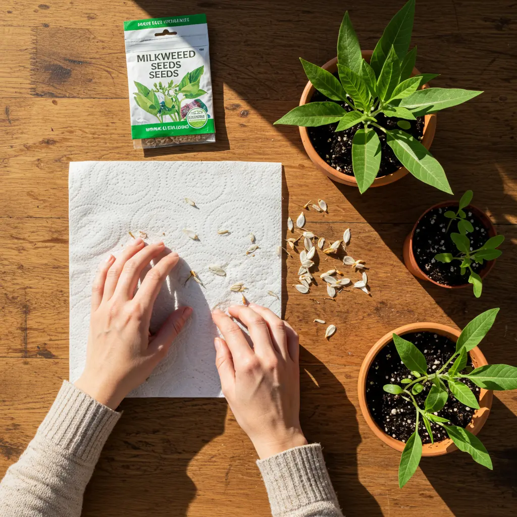 An image illustrating Overhead flat lay, photorealistic: A pair of gentle hands is carefully arranging milkweed seeds on a damp paper towel next to an open packet of milkweed seeds. Nearby, a few vibrant green milkweed seedlings sprout in a small terracotta pot. Scene set on a rustic wooden tabletop, bathed in bright, natural morning light. Encouraging, instructional mood. 16:9 aspect ratio.
