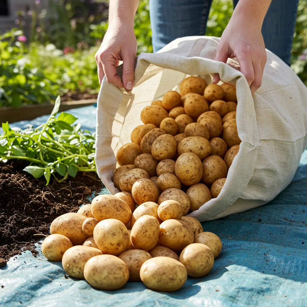 An image illustrating Photorealistic, eye-level medium shot of a person's hands gently tipping a fabric grow bag, spilling a bountiful harvest of fresh, healthy potatoes onto a tarp. Loose soil and some green potato foliage are visible. Set in a bright, sunlit patio garden, conveying success in small-space gardening. Clean, high-quality stock photo style. Bright, natural, and encouraging mood. 16:9 aspect ratio. --no blurry elements --no text