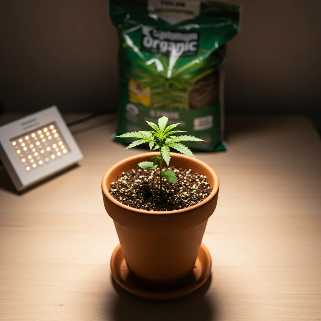 An image illustrating Photorealistic stock photo, 16:9 aspect ratio. A vibrant, healthy young cannabis seedling in a terracotta pot, centered on a clean, light-colored wooden tabletop. Soft, bright, natural-style lighting from above, highlighting the fresh green leaves. In the slightly blurred background, a hint of a small, simple LED grow light and a new bag of organic potting soil, suggesting a beginner's first indoor setup. Mood is encouraging, clean, and optimistic. --no clutter, --no unhealthy plants, --no hands.
