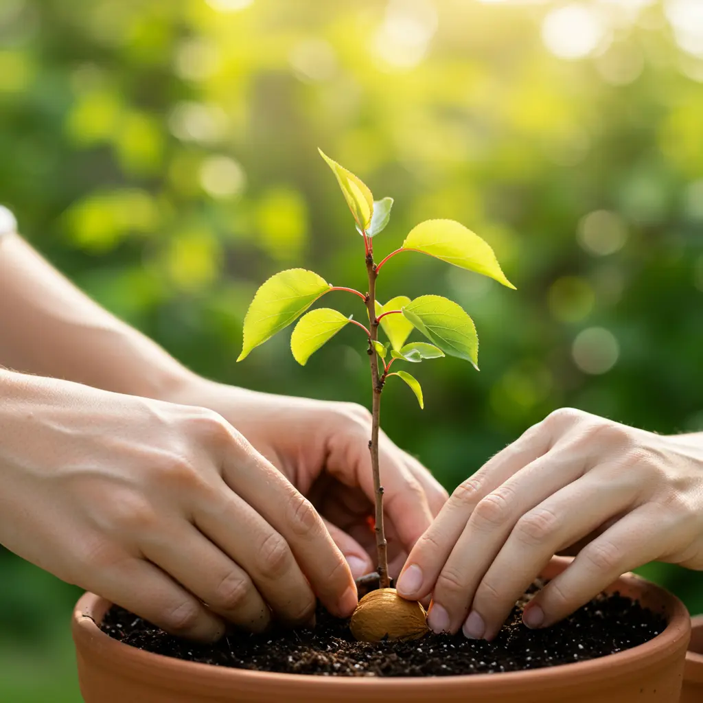 An image illustrating Photorealistic image, eye-level view: A pair of gentle gardener's hands carefully planting an apricot pit (or a very young apricot seedling with a couple of leaves) into dark, fertile potting soil within a rustic terracotta pot. The scene is bathed in warm, natural sunlight, with a softly blurred background hinting at a lush home garden. Evokes a sense of care, new beginnings, and the joy of gardening. Colors are natural and vibrant, emphasizing greens and earthy tones. 16:9 aspect ratio. --no text --no overly manicured hands