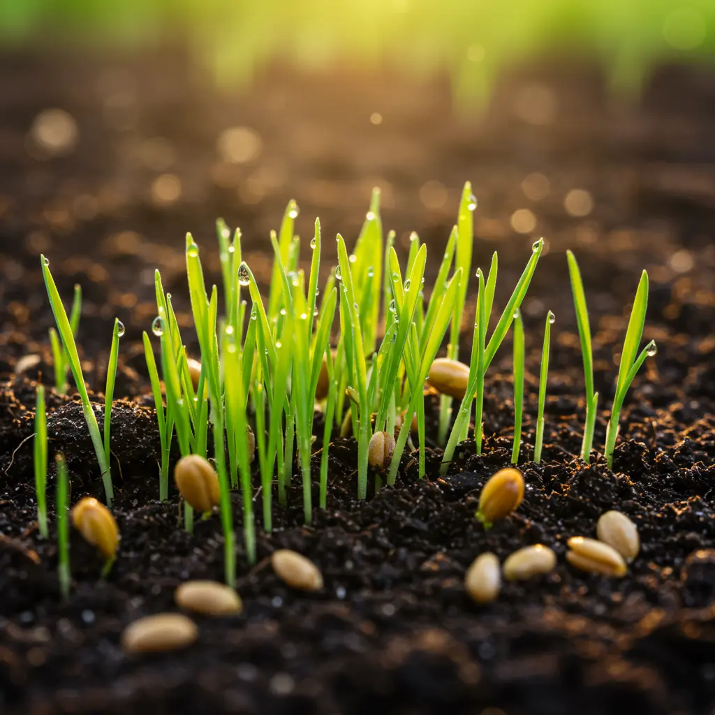 An image illustrating Photorealistic macro shot from a slightly overhead angle, showcasing tiny, vibrant green Bermuda grass seedlings just sprouting from rich, dark, moist soil. A few scattered Bermuda grass seeds are visible on the soil surface nearby. The scene is bathed in bright, warm morning sunlight, highlighting delicate dew drops on the new grass blades. Mood is hopeful, encouraging, and signifies successful growth. Clean, clear, instructional quality. 16:9 aspect ratio. --no text --no overly complex background.